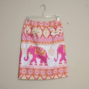 Grace Baker Preppy Pencil Orange and Pink Skirt with Elephant Print Size Small